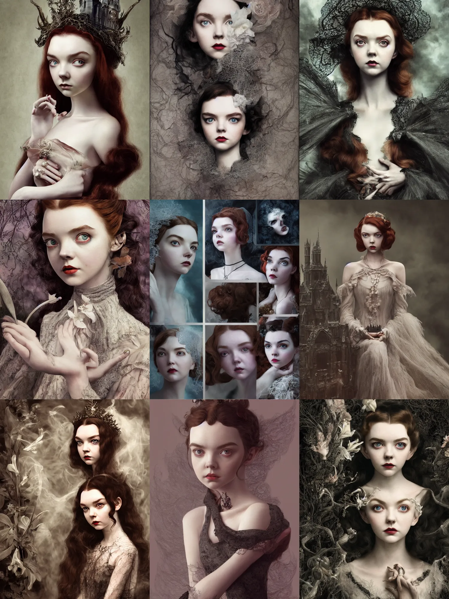 Prompt: a mix of of lily cole, anya taylor - joy and audry hepburn, evil sorceress witch, victorian manor, hyperrealism, octane render, extremely detailed, intricate smoke magic, lace, style of mark ryden, earl nore, hyung tae, frank frazetta