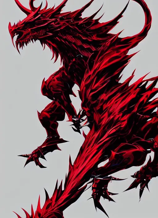 Image similar to Majestic red dragon with blue eyes. In style of Yoji Shinkawa and Hyung-tae Kim, trending on ArtStation, dark fantasy, great composition, concept art, highly detailed.