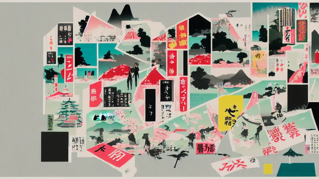 Image similar to japan, a collage painting, in the style of wes anderson, lola dupre, david hockney, isolated on negative white space background dark monochrome neon spraypaint accents volumetric octane render