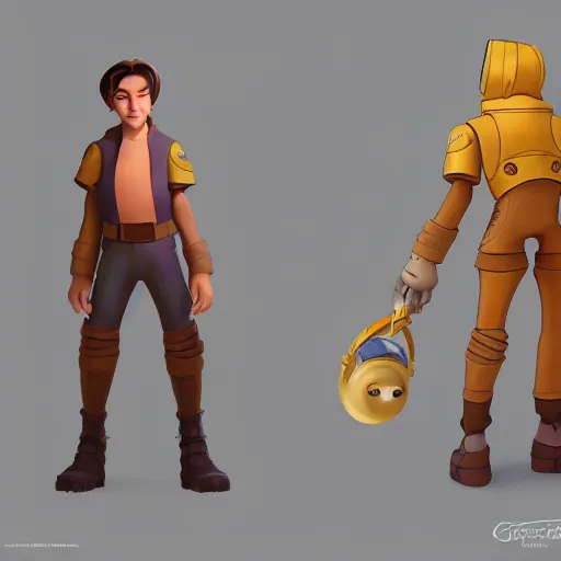 Image similar to stylized explorer character design in 3D in front of a space golden landscape, treasure planet by disney, highly detailed, digital painting, artstation, concept art, illustration, 4k