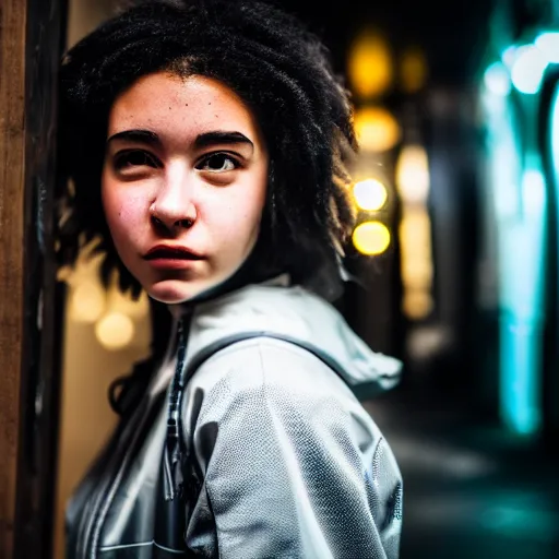 Image similar to candid photographic portrait of a techwear mixed young woman inside a hidden busy speakeasy, closeup, sigma 85mm f/1.4, 4k, depth of field, high resolution, 4k, 8k, hd, full color