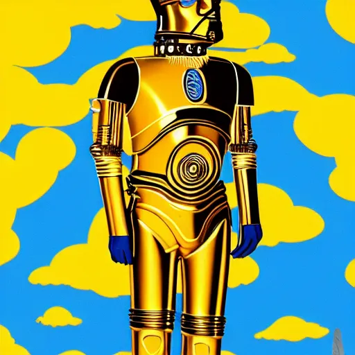 Image similar to full body portrait of Simpson as C3PO in star wars, background blue sky puffy clouds cinematic 4k