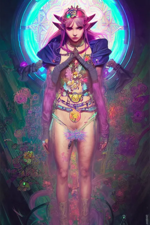 Prompt: Cyberpunk Princess Zelda, magical, flower, bright neon highlights, detailed intricate ink illustration, dark atmosphere, detailed illustration, hd, 4k, digital art, overdetailed art, concept art, by greg rutkowski, by Alfons Mucha, complementing colors, Trending on artstation, deviantart