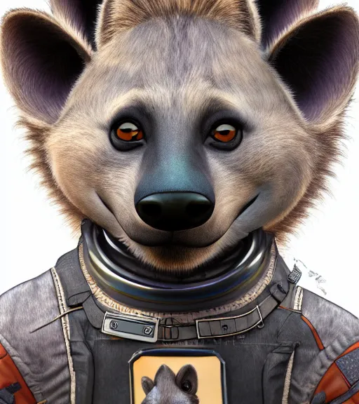 Image similar to digital detailed portrait of anthromorphic female hyena, in style of zootopia, fursona, furry, furaffinity, 4 k, deviantart, wearing astronaut outfit, in style of disney zootopia, floating in space, space background, in deep space, dark background, hyena fursona, cyberpunk, female, detailed face,