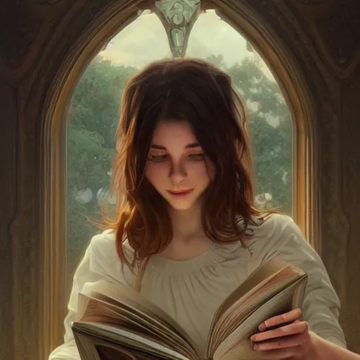 Prompt: a girl reading a book, hidden hands, insane, intricate, highly detailed, digital painting, artstation, concept art, smooth, sharp focus, illustration, unreal engine 5, 8 k, art by artgerm and greg rutkowski and alphonse mucha