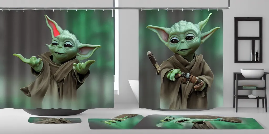 Image similar to a ( ( ( ( ( mando mandalorian ) ) ) ) ) baby yoda themed shower curtain, shower curtain. product photography. product lighting. digital art. 4 k, highly detailed. saturated. 3 d render.