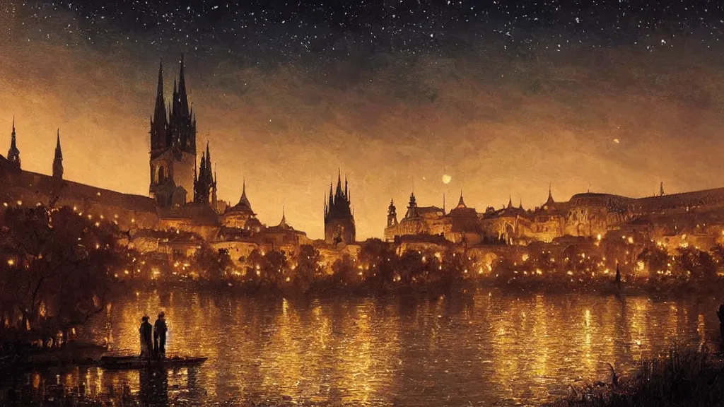 Image similar to a beautiful painting of a view from the river of a arabian prague cathedral palaces, at night with a sky full of stars, intricate, elegant, highly detailed, digital painting, artstation, concept art, by krenz cushart and artem demura and john williams waterhouse