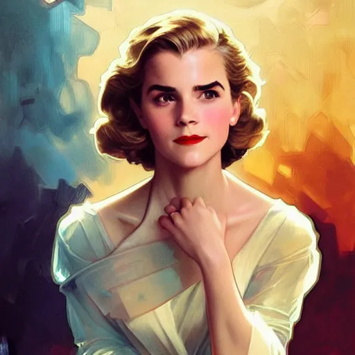 Prompt: A combination of Grace Kelly's and Emma Watson's faces as Super Girl, western, D&D, fantasy, intricate, elegant, highly detailed, digital painting, artstation, concept art, matte, sharp focus, illustration, art by Artgerm and Greg Rutkowski and Alphonse Mucha