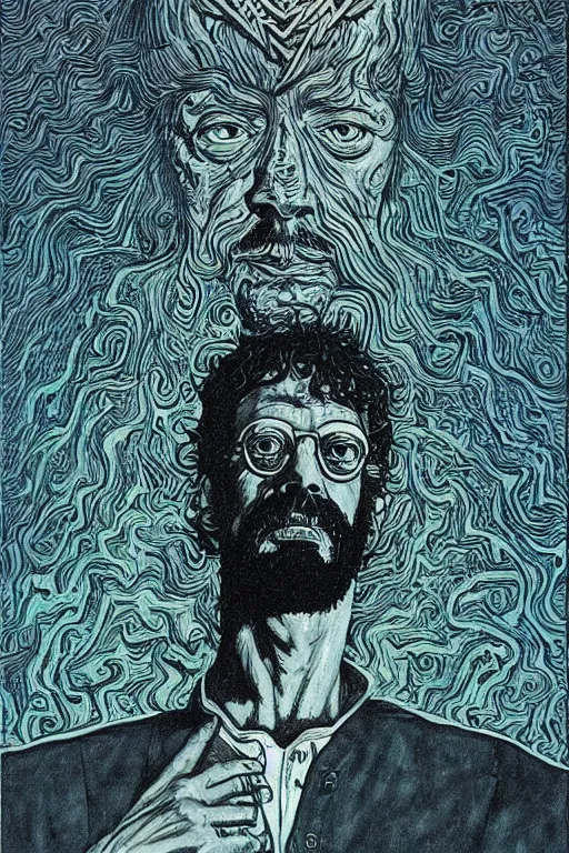 Prompt: an awesome jean giraud portrait of terence mckenna in the style of a rennaissance masters portrait, mystical and occult symbolism