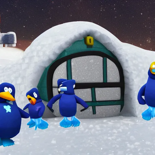 Image similar to a swat team raid of a club penguin igloo