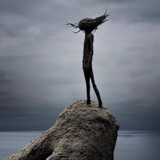 Prompt: A beautiful conceptual art of a human-like creature with long, stringy hair. The figure has no eyes, only a mouth with long, sharp teeth. The creature is standing on a cliff overlooking a dark, foreboding sea. wabi-sabi by Roxy Paine distorted