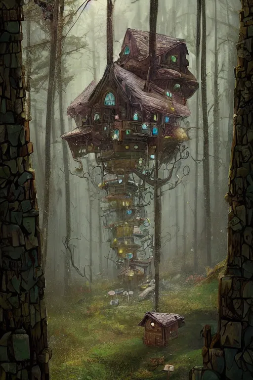 Prompt: a ramshackle multistory fairytale hut in the forest by Petros Afshar