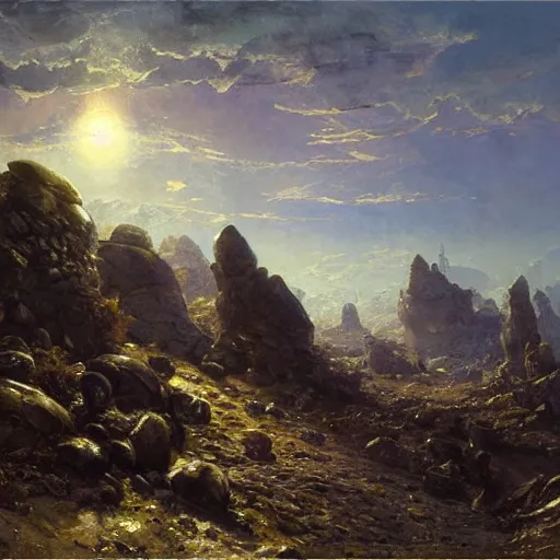 Prompt: painting of hr giger artlilery scifi organic shaped rocky terrain with ornate metal work lands on a farm, fossil ornaments, volumetric lights, purple sun, andreas achenbach