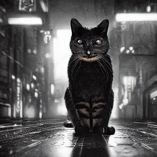 Prompt: a cat from the movie blade runner with long sharp claws and a laser eye. on a wet reflective street atmospheric lighting, neon glow, internal glow, ray tracing, 8 k, stunning still from film.