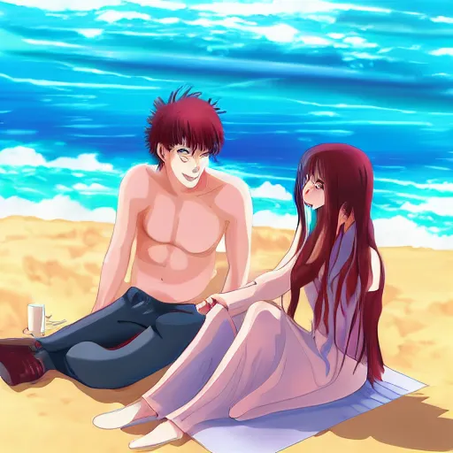 Image similar to an anime couple relaxing on the beach, advanced digital art