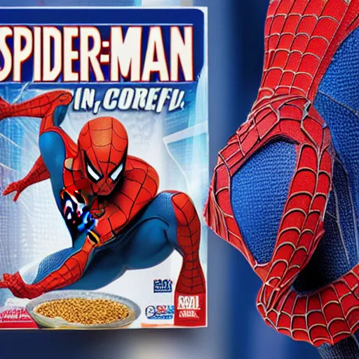 Image similar to spider-man on a cereal box, 8k realistic photo