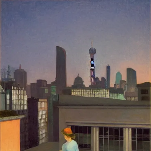 Image similar to a small rooftop with a couple of people sitting and watching the view, modern shanghai bund is on the background, night, by edward hopper, by gregory crewdson