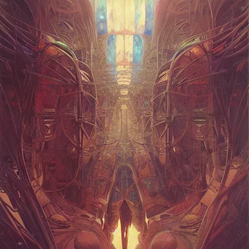 Image similar to inside epic futuristic structure by raymond swanland, alphonse mucha and zdzisław beksinski, highly detailed