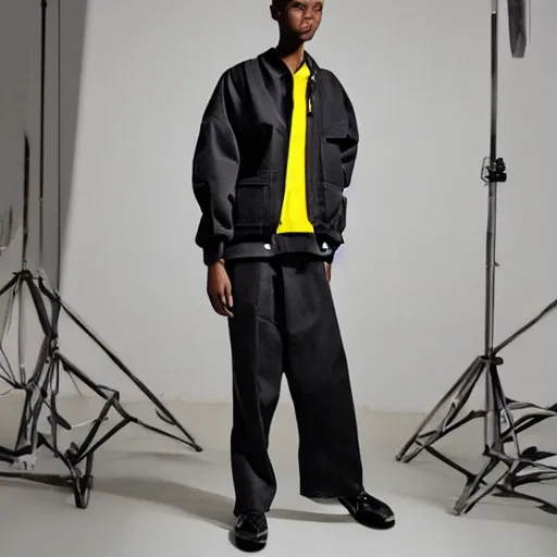 Image similar to realistic photoshooting for a new balenciaga lookbook color film photography of a beautiful woman model, model wears a workwear jacket, photo in style of tyler mitchell, ssense