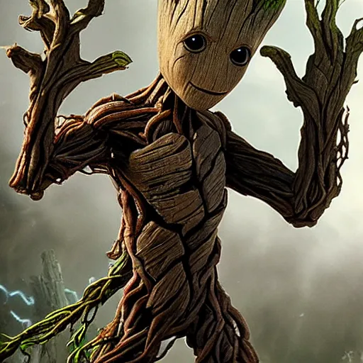 Image similar to groot with metal armor, 4k realistic photo