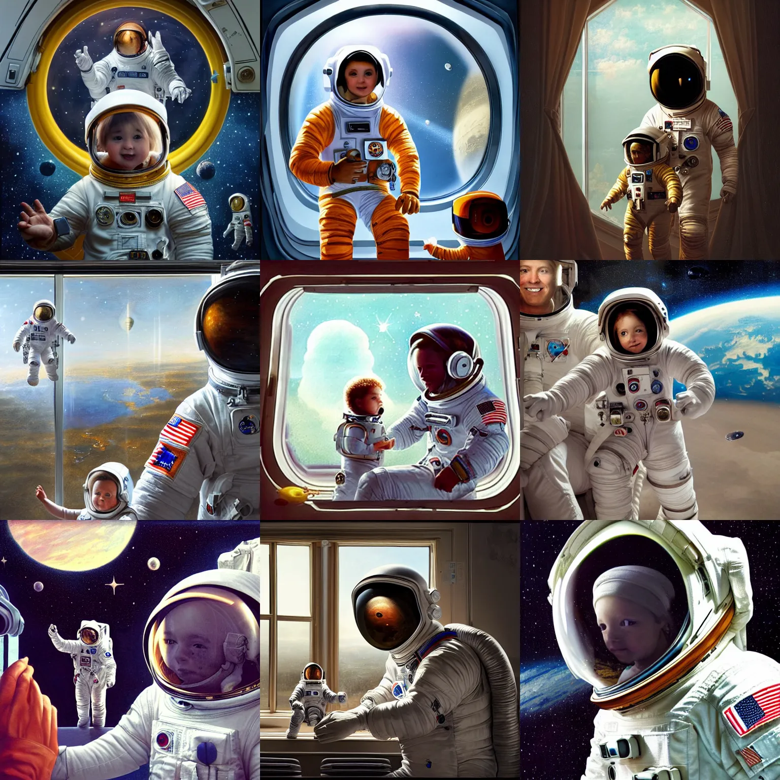 Prompt: a fully suited father astronaut with his fully suited toddler daughter, astronaut helmets, space station, earth on the window, deep focus, fantasy, intricate, elegant, highly detailed, painting by jacques - louis david, detailed art, artstation