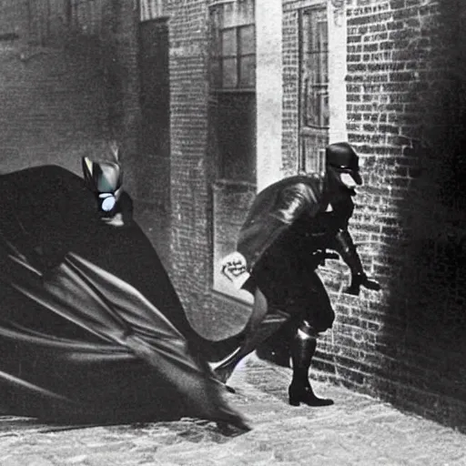 Image similar to old black and white photo, 1 9 2 5, depicting batman fighting a gangster in an alley of new york city, tommy gun, rule of thirds, historical record