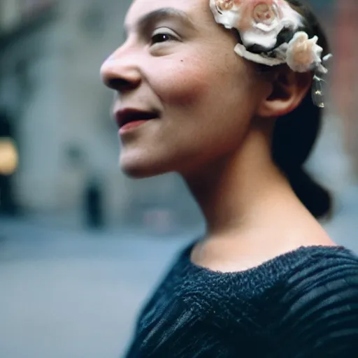 Image similar to Close up of a woman’s face captured in low light, sharp focus, insanely detailed, smiling, tearing up, cinematic, cinematic lighting, cinestill 800t