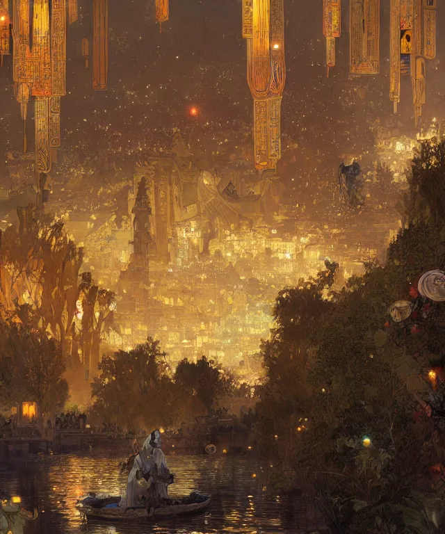 Image similar to a beautiful painting of the view from the river of the lantern festival in a an ancient egyptian city, at night with a sky full of stars, intricate, elegant, highly detailed, digital painting, artstation, concept art, by krenz cushart and artem demura and alphonse mucha