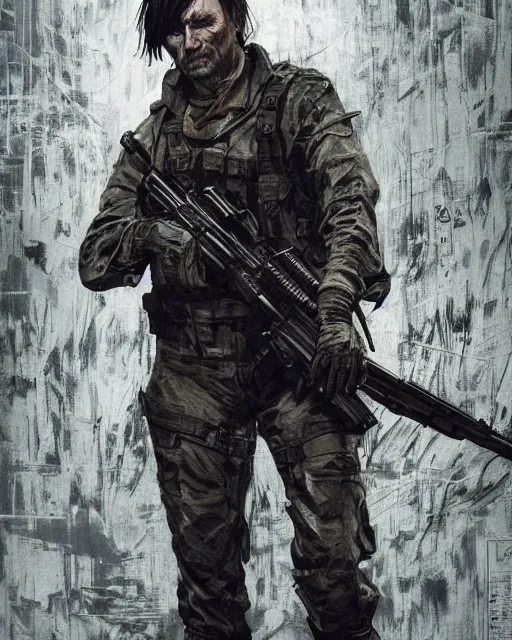 Prompt: mads mikkelson as clifford unger from death stranding wearing modern military fatigues, wielding assault rifle, weeping tears of black oil, tired expression, mysterious eerie portrait, illustrated by yoji shinkawa 4 k