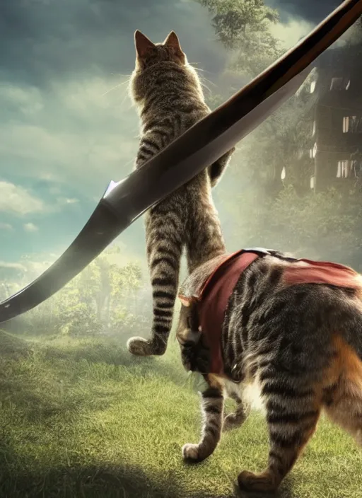 Prompt: film still of a bipedal cat with a black eyepatch over its right eye and a huge sword on its back, 4 k
