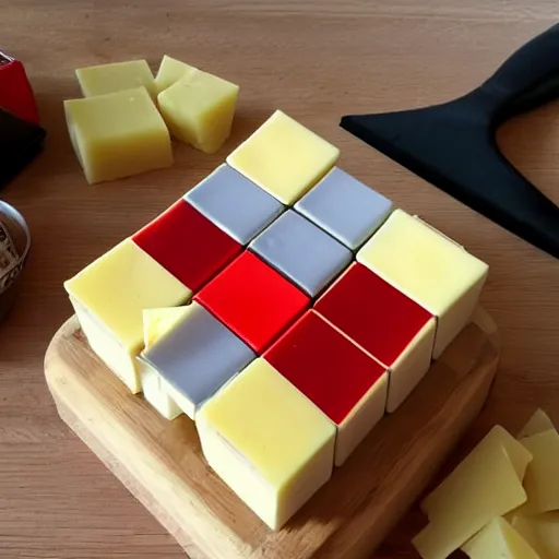 Prompt: a rubiks's cube made of gruyere, on a chees board
