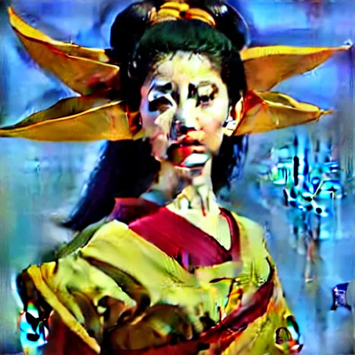 Image similar to Greg Manchess portrait painting of elf geisha in japanese robes as Overwatch character, wacky, medium shot, asymmetrical, profile picture, Organic Painting, sunny day, Matte Painting, bold shapes, hard edges, street art, trending on artstation, by Huang Guangjian and Gil Elvgren and Sachin Teng