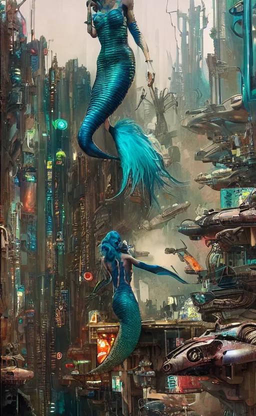 Prompt: cyberpunk mermaid in underwater cyberpunk metropolis, hyper real painting by weta chiara bautista karl kopinski kim jung giu and weta studio, and lucasfilm and jesper ejsing and norman rockwell greg rutkowski frank frazzeta