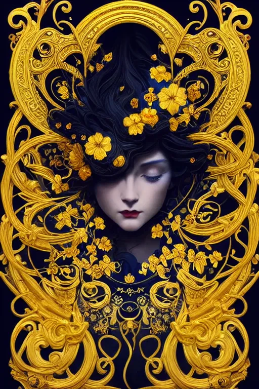 Image similar to beautiful black blue yellow, complicated gold and blue flowers in baroque style decoration, dark fantasy, intricate, elegant, highly detailed, digital painting, artstation, concept art, matte, 3 d 8 k octane rendered, sharp focus, illustration, octane rendered, art by artgerm and alphonse mucha, leesha hannigan