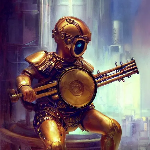 Prompt: stunning portrait of 3yo greek argonaut Orpheus playing the golden lyre, painting by Raymond Swanland, cyberpunk, sci-fi cybernetic implants hq