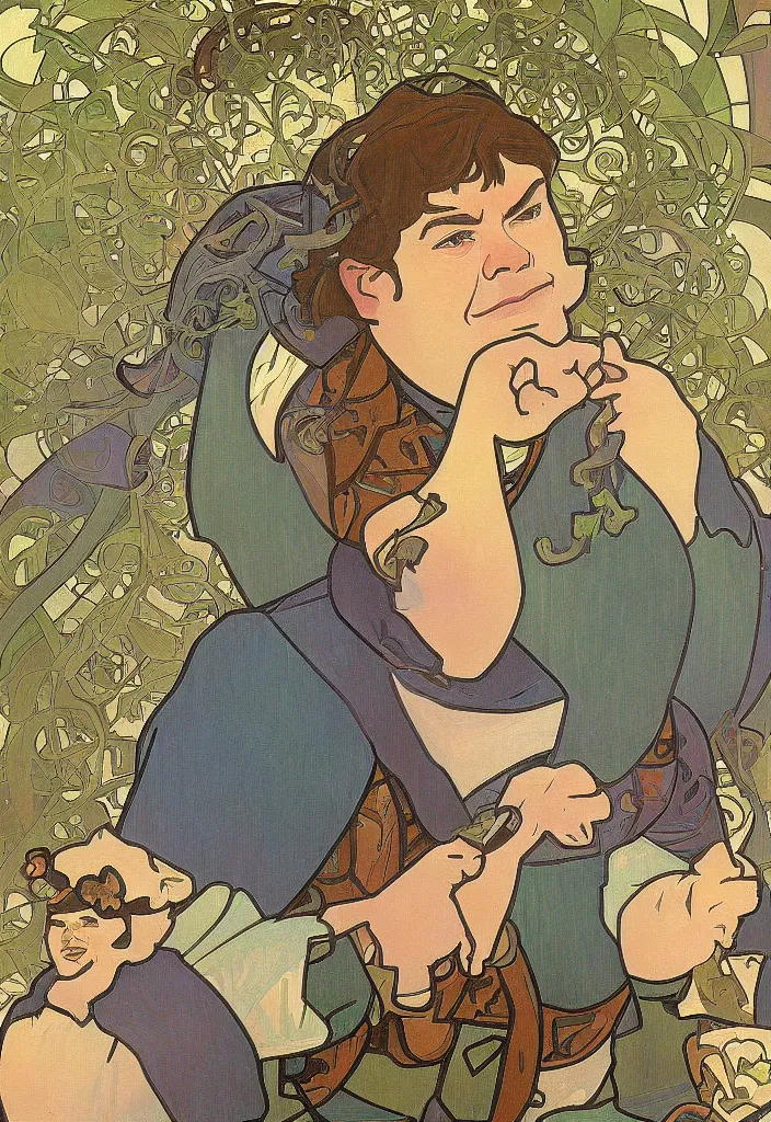 Image similar to yann lecun as shrek, in art style by alphonse mucha