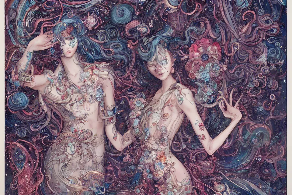 Image similar to collection of beautiful celestial females exposed in cryo chamers , by James Jean, intricate, elegant, highly detailed, centered , vivid color, digital art