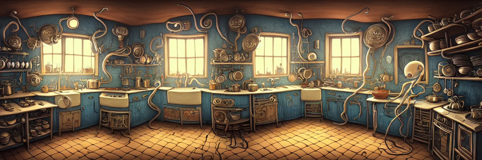 Prompt: metalengravement, fisheye, naive, extra narrow, detailed illustration of a kitchen, large floor, octopus shaped by rhads from lorax movie, trending artstation, dark mythic fantasy