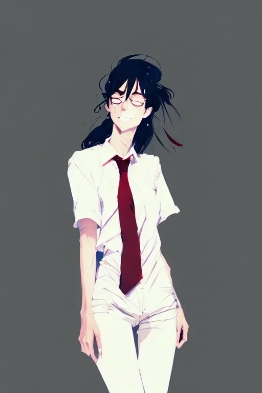 Image similar to a ultradetailed full body portrait of a woman dressed in a white shirt with a tie, by conrad roset, greg rutkowski and makoto shinkai trending on artstation