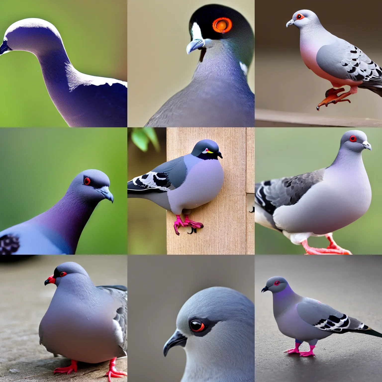 Prompt: a confident pigeon, ant's eye camera