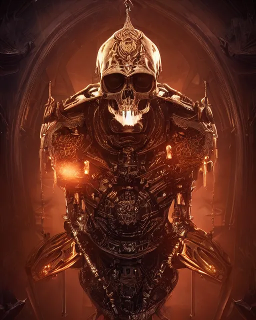 Prompt: a portrait of a dark sci fi skull encased in dark sci fin armor and ornate metal ornaments, cinematic lighting, smooth, high detail, complex shapes, unreal engine, octane render, by blizzard studios, golden rule, sense of action, fog volumes, vivid color glow, post processing, cgsociety