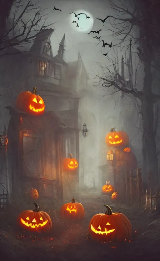 Image similar to a creepy and eery Halloween setting, with Jack o lanterns on the street and shadow figures lurking about, dynamic lighting, photorealistic fantasy concept art, stunning visuals, creative, cinematic, ultra detailed, trending on art station, spooky vibe