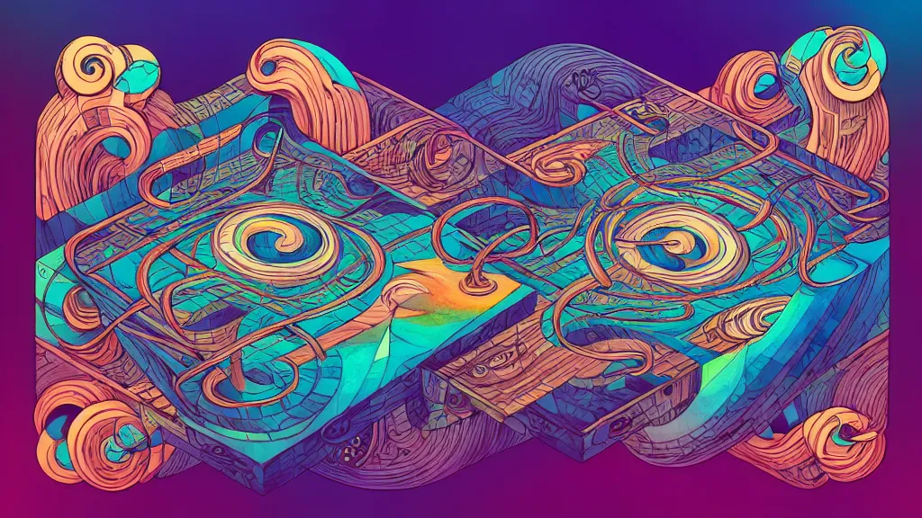 Image similar to twisted turn of fate abstraction, centered award winning ink pen illustration, isometric abstract illustration by dan mumford, edited by craola, technical drawing by beeple and tooth wu, tiny details by artgerm and watercolor girl, symmetrically isometrically centered