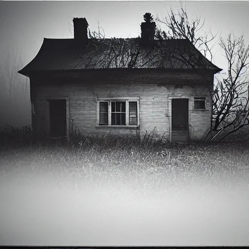 Prompt: taken using a film camera with 35mm expired film, abandoned house at night, slightly foggy, creepy,