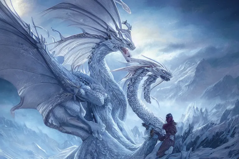 Prompt: Ice Dragon on a beautiful fantasy landscape, mountainside, winter, moonlit, HD, illustration, epic, D&D, fantasy, intricate, elegant, highly detailed, digital painting, artstation, concept art, smooth, sharp focus, illustration, wallpaper, art by artgerm and greg rutkowski and alphonse mucha and jin xiaodi