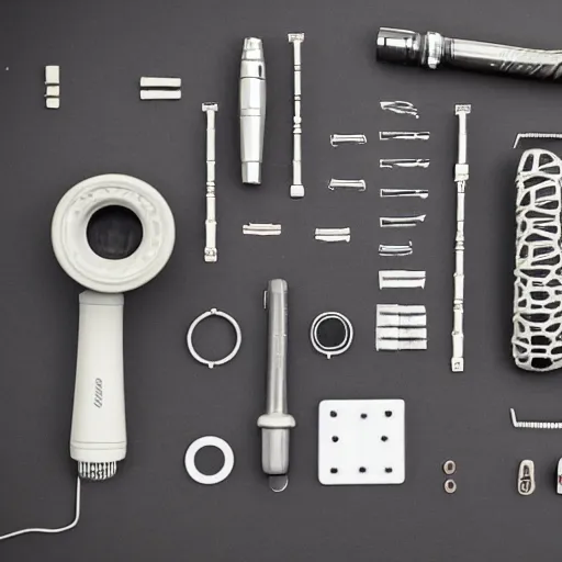 Image similar to a microphone taken apart and all its parts laid out neatly on a table