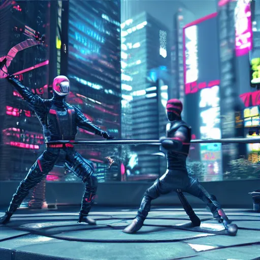 Image similar to fight of two ninja on cyber punk tokyo cityscape, unreal engine, octane render, haze, 8k, cinematic camera composition