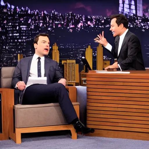 Prompt: cinematic shot of julius caesar being interviewed by jimmy fallon on an episode of the tonight show, 8 k, very detailed, very intricate,