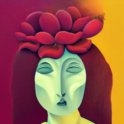 Image similar to huge flower as head, woman standing in a field, surreal, flat light, painting, digital painting, artstation, georgia o'keeffe