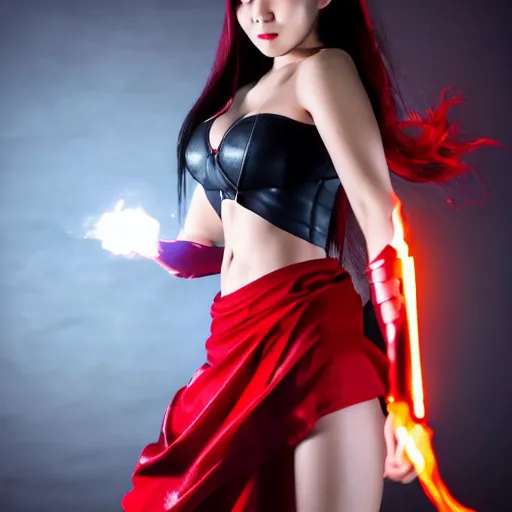 Image similar to dslr photo of beautiful erza scarlet wearing a skirt and casting a fireball against ryu hayabusa from ninja gaiden, portrait photo, real photo, real camera, extreme detailed face and body, high quality, moody lighting, fast paced lines, sharp quality, enchanting, 8 k